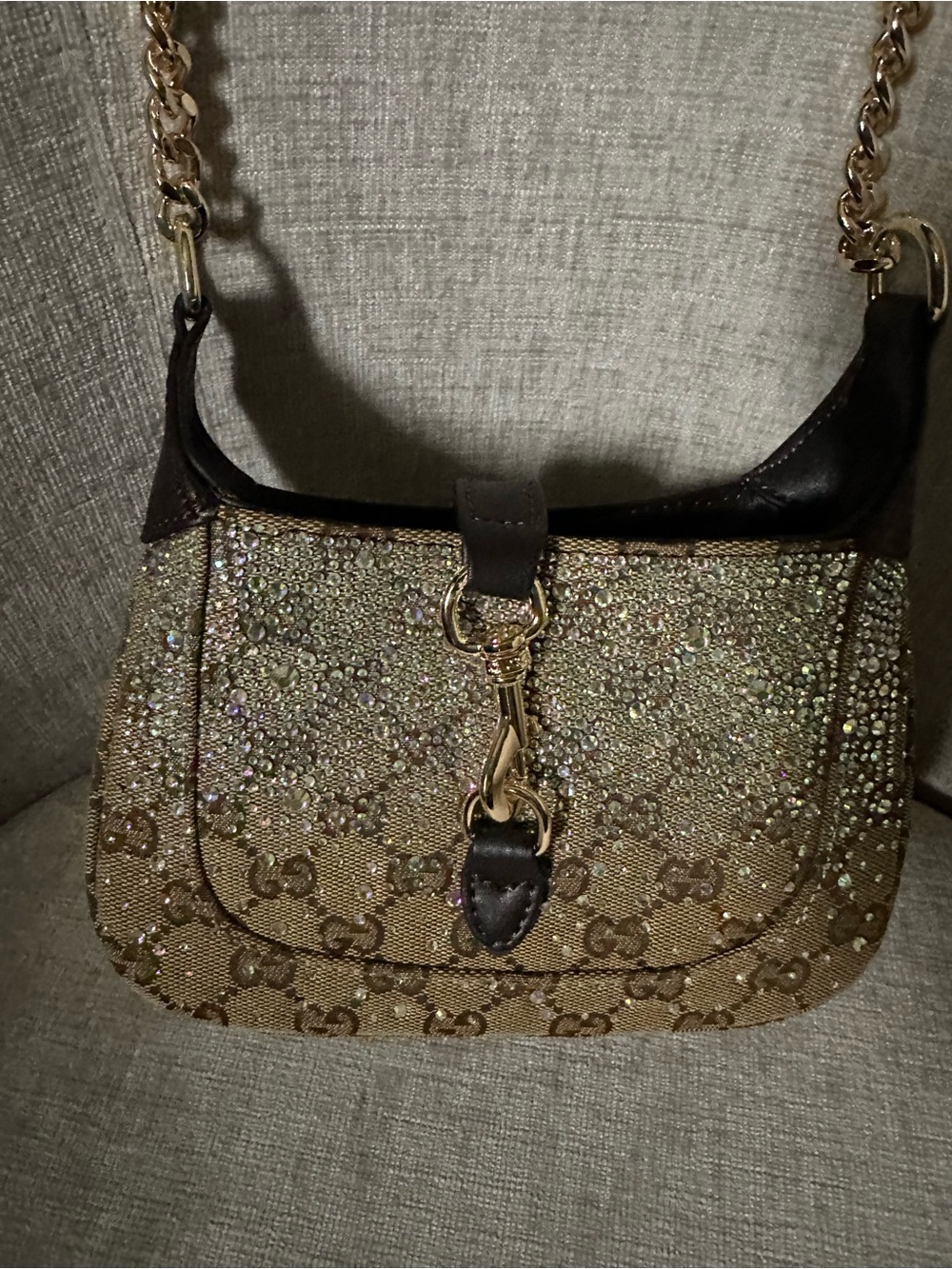 Brown GG Canvas Crystal-Embellished bling Shoulder Bag - Picture 3 of 11